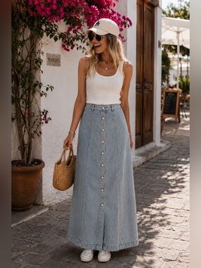 419. LIGHT WASH DENIM MAXI SKIRT BUTTON FRONT | 15/38